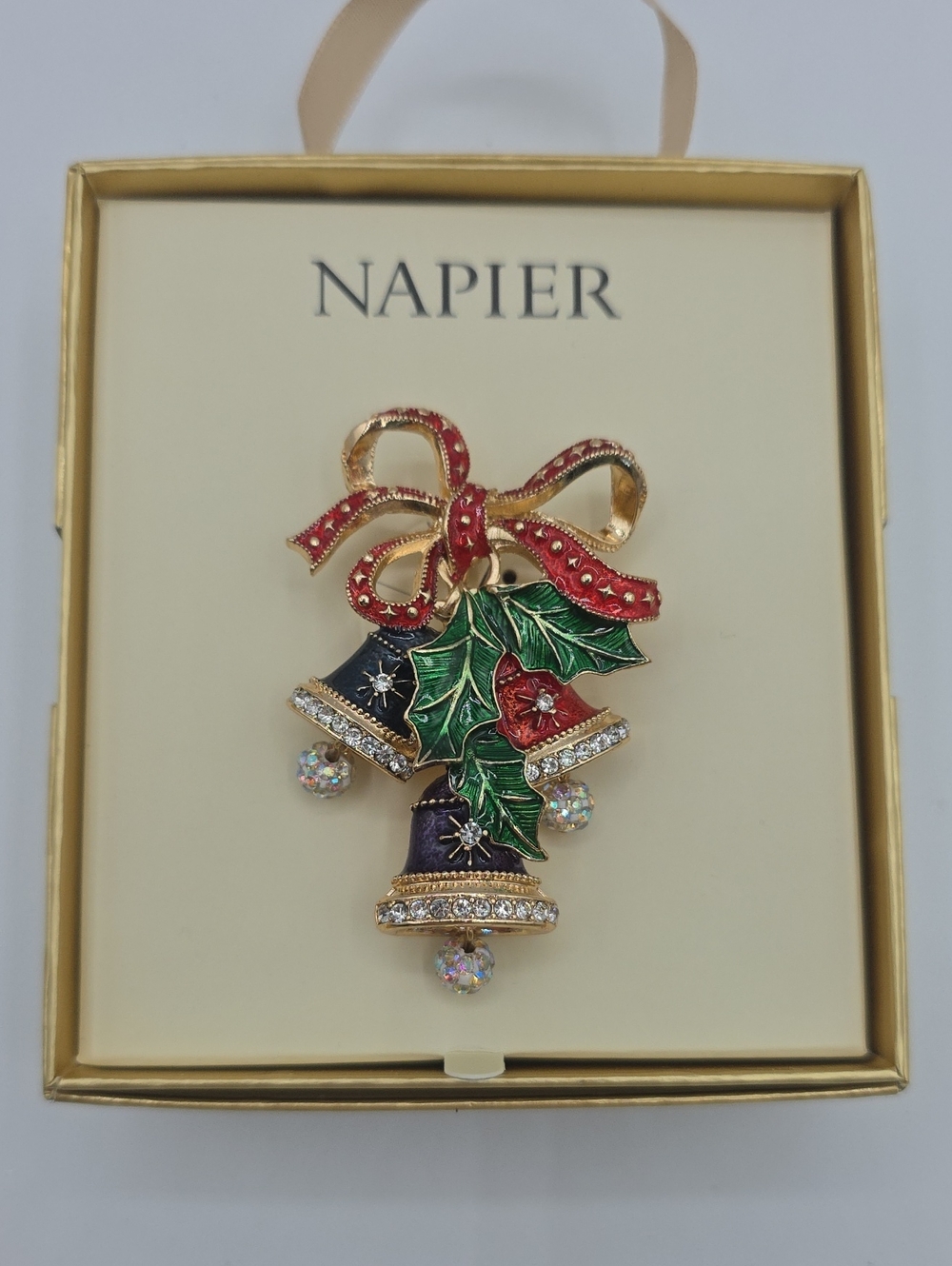 Napier Red Green Gold Bell Brooch with Crystal Drops